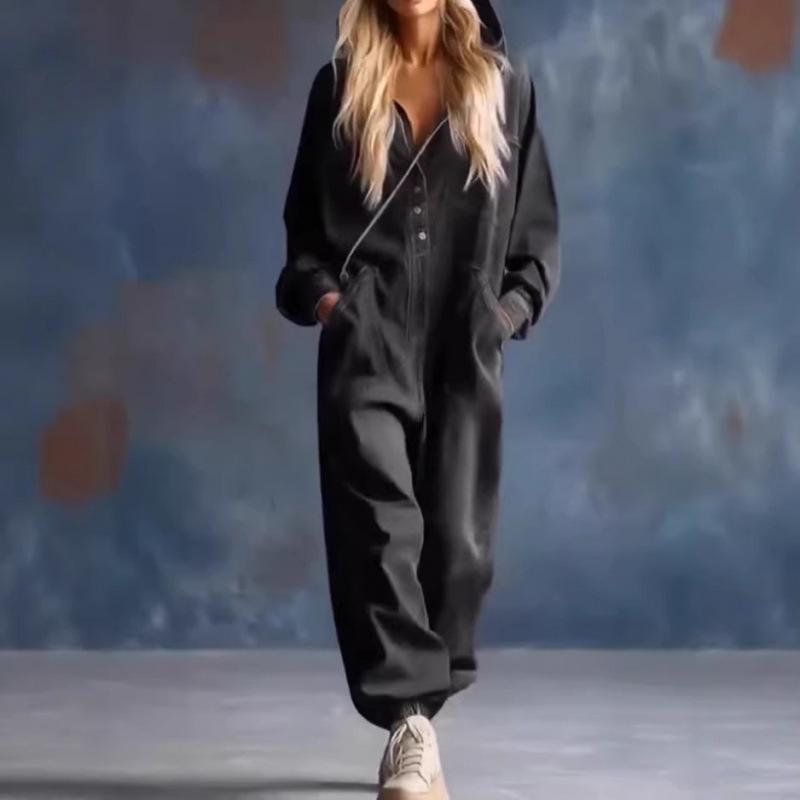 2026 Europäischer Damen-Denim-Print-Overall mit großen Taschen, langen Ärmeln und langen Hosen