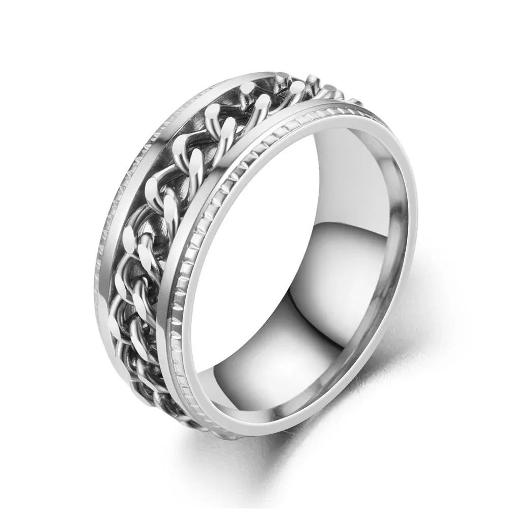 Fashion Stainless Steel Rotatable Chain Rings For Men Punk Spinner Chain Rotable Ring Women Party Titanium Steel Jewelry Gift