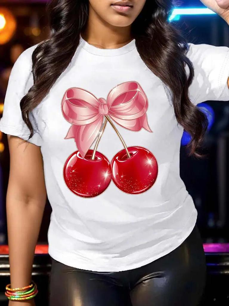 Damen Kirschdruck Kurzarmtop mit kostenlosem Versand - Europäischer & Amerikanischer Stil