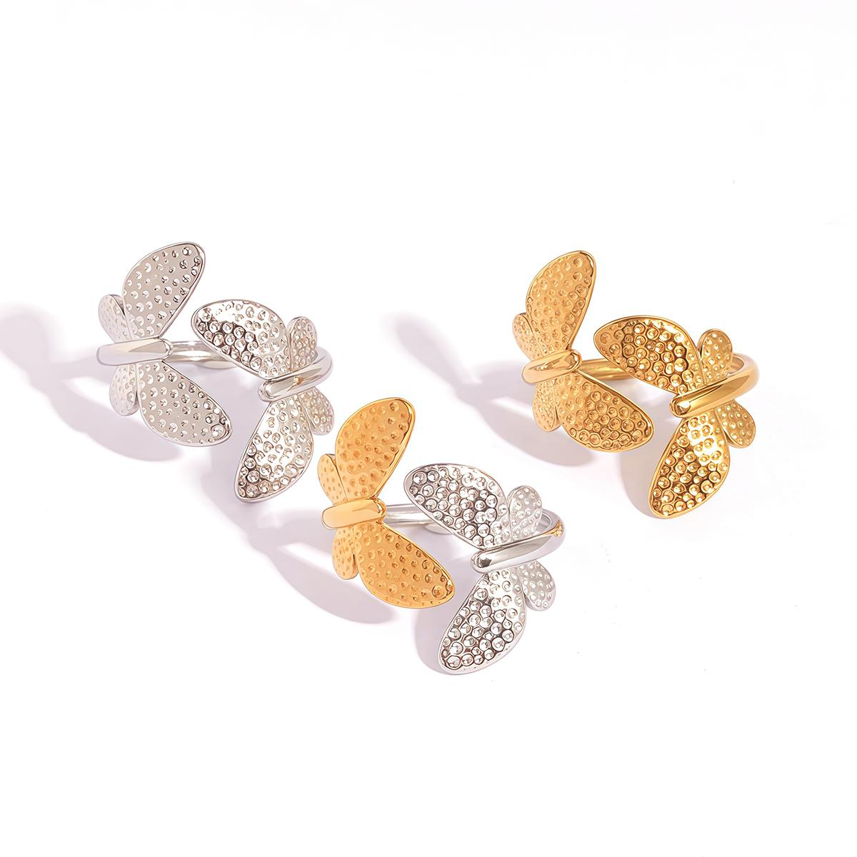 

Minimalist Butterfly Stainless Steel Adjustable Open Rings For Women 18K Gold Plated Waterproof High Zircon For Vacation Etc resizable
