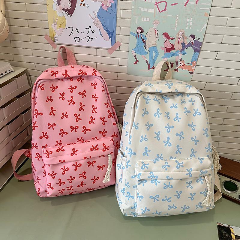 Schoolbag Women's Light Small Fresh Bow Backpack Junior High School Student College Student Campus School Bag Weight Burden Reduction Backpack