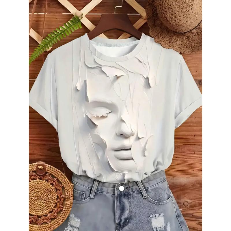 Dam T-shirt 3D 3D Ansiktstryck Mode Dam Kortärmad Rund Hals Casual Bekväm Topp