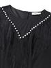 Plus Size Black Pearl Tassel Evening Gown with See-through Sleeves & Waist-Cinching Design
