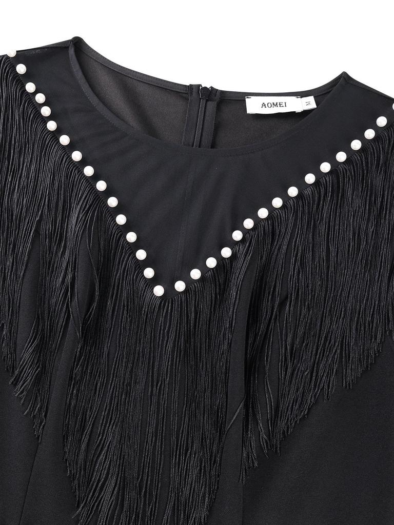 Plus Size Black Pearl Tassel Evening Gown with See-through Sleeves & Waist-Cinching Design