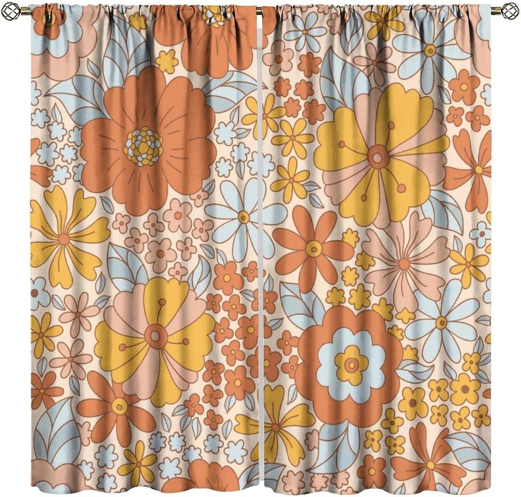 70S Flowers Curta Retro Colors Floral Groovy Vintage Colorful Blackout Window Drapes For Bedroom Living Room Kitchen Cafe