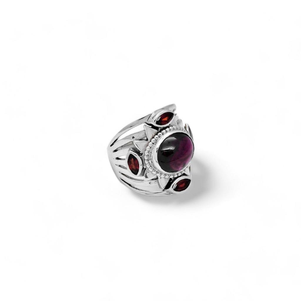 Cabochon Garnet Statement Ring: 925 Sterling Silver