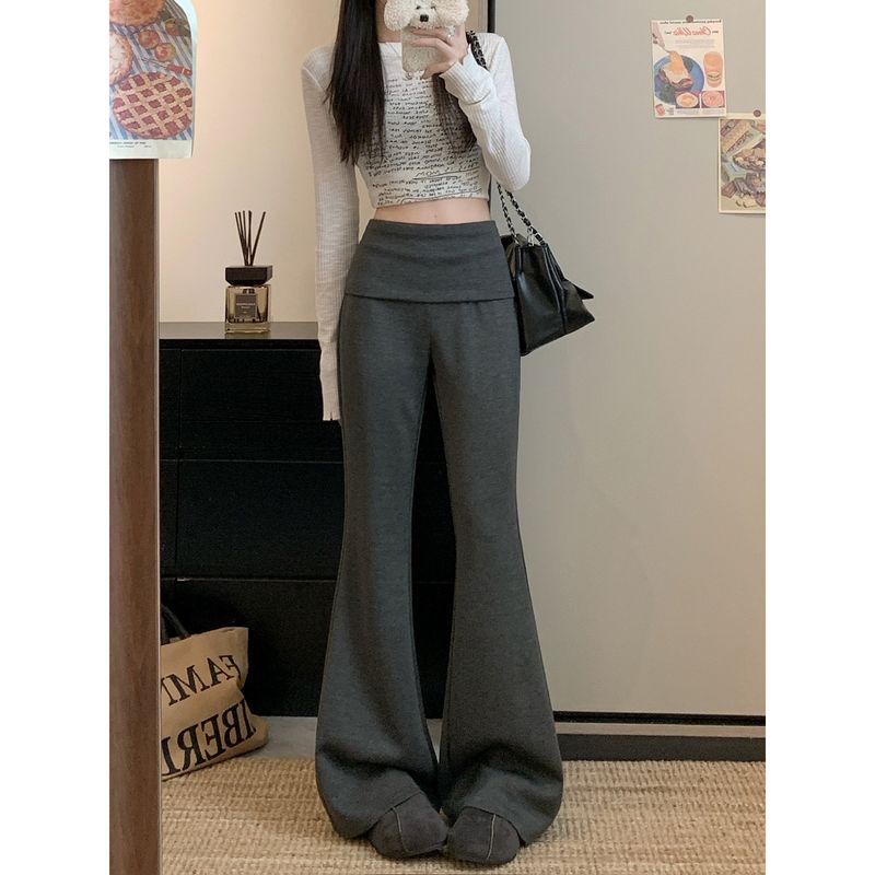 

Kumikumi Retro Pure Color Flanging Casual Pants Bootcut Trousers Women s Clothing Autumn High Waist Drooping Loose Pants Mop Pants Dark gray XL