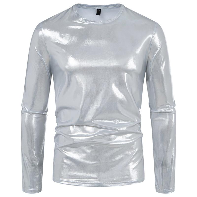Autumn and Winter Men's Fashion Trend Party Stage Glossy Long Sleeve Round Neck T-shirt Product T-shirt