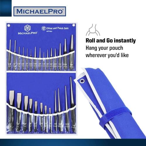 MichaelPro 27-Piece Heavy-Duty Chisel and Punch Set | Center Punch, Pin Punch, Long Taper Punch, Starter Punch, and Chisel Gauge | CR-V Steel - Includ