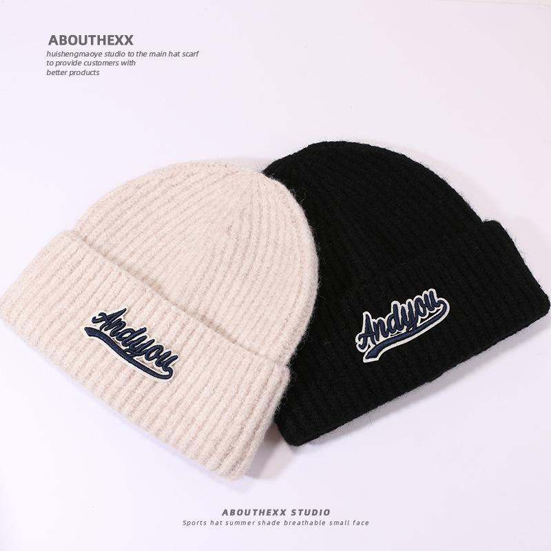 Autumn and Winter Wool Hat for Women's Letters Versatile Knitted Hat Korean Style Fashion Ear Protection Warm Hat Outdoor Student Pullover Hat