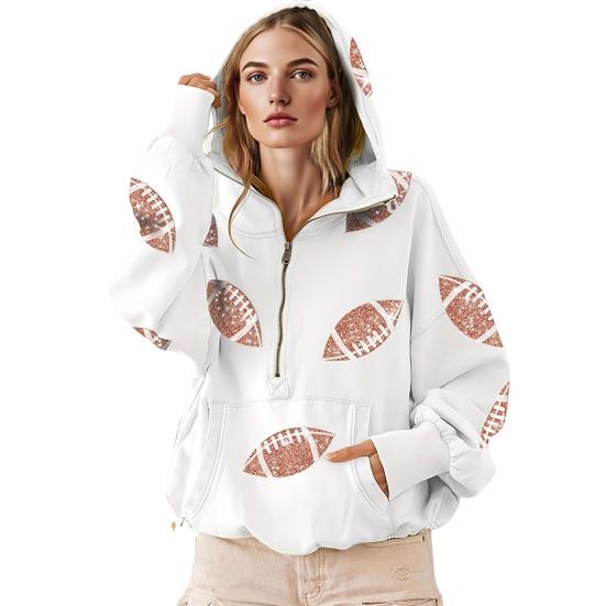 Hooded Sweatshirt for Women Half Zip Oversized Hoodies with Sequin Rugby Print Fall Casual Pullover Tops with Pockets