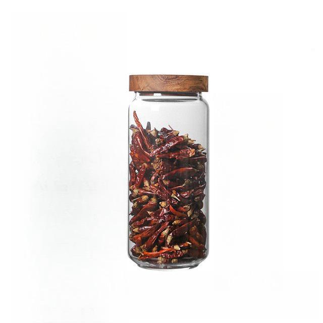 Transparent Glass Storage Jar with Acacia Wood Lid for Coffee Beans and Food Grains