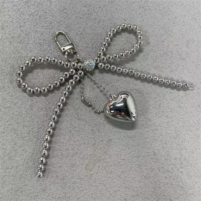 Bowknot Heart Bag Pendant Beaded Silver Bow Handbag Backpack Decoration For Bags Accessories AVE