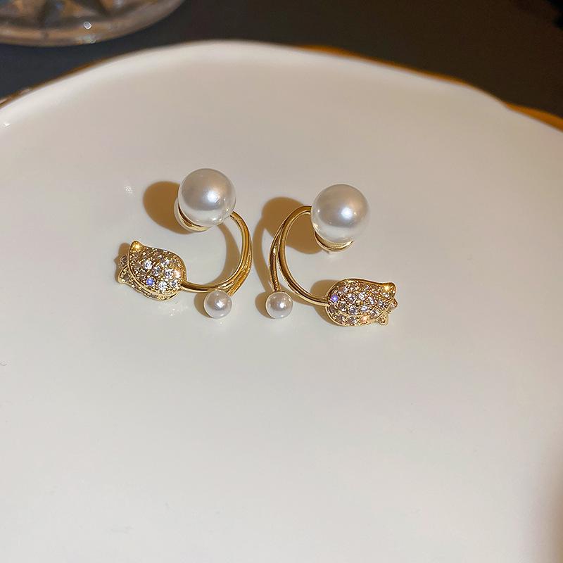 Korean Style Pearl & Diamond Tulip Flower Stud Earrings with S925 Silver Needle