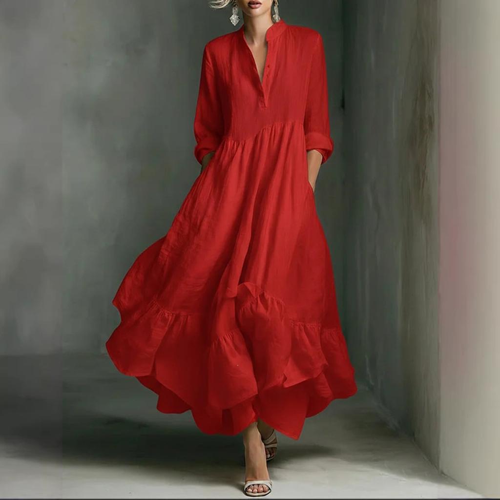 Women's Long Sleeve Loose Fit Maxi Dress Solid Color Round Neck Button Front Casual Full Length Dress with Flared Hem