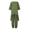 Women's Linen Two-Piece Suit Linen Suit Trousers And Three Quarten Sleeve Irregular Hem Shirts Casual Trouser Suit Round Neck Linen Blouse Loose Linen