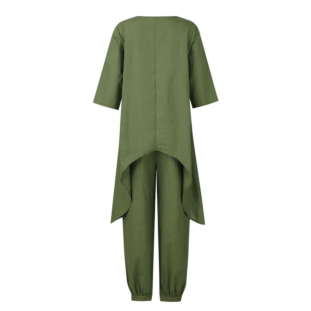 Women's Linen Two-Piece Suit Linen Suit Trousers And Three Quarten Sleeve Irregular Hem Shirts Casual Trouser Suit Round Neck Linen Blouse Loose Linen