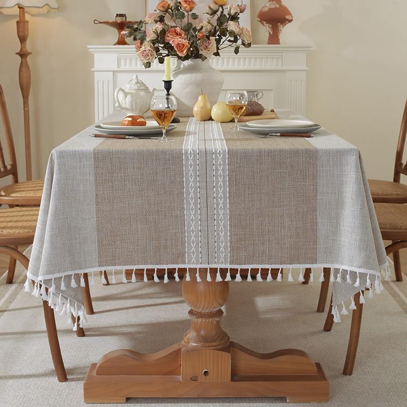 Nordic Style Cotton Linen Tablecloth With Fringe Tassels Woven Stripe Rectangular Dining Table Cover Christmas Home