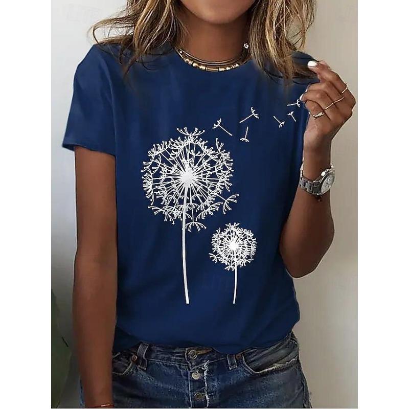 Women's Casual T-Shirt Dandelion Print Crew Neck White Short Sleeve Summer Wear Comfort Fit Daily Essential