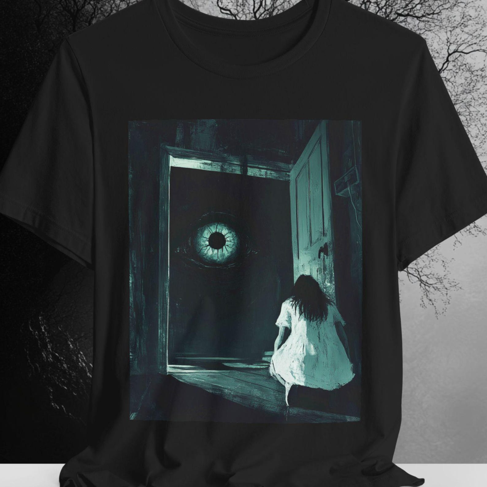 Nightmare Girl Horror Shirt | Surreal Giant Eye Creepy Tee | Gothic Fear Dream Art T-Shirt | Haunted Doorway Graphic | Bella Canvas S