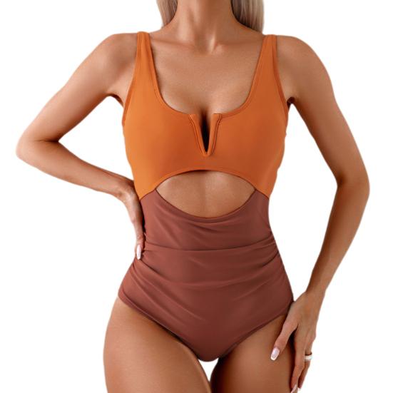 Damen Sexy Monokini Bauchkontrolle Badeanzug Aushöhlen Einteiler V-Ausschnitt Ärmellos Patchwork Farbe Hohe Taille
