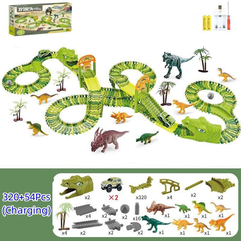 Dinosaur Race Track Set Rail Car Toys Assembly Bend Flex Racing Track Led Electronic Flash Light Car Toys for Children Years Gift