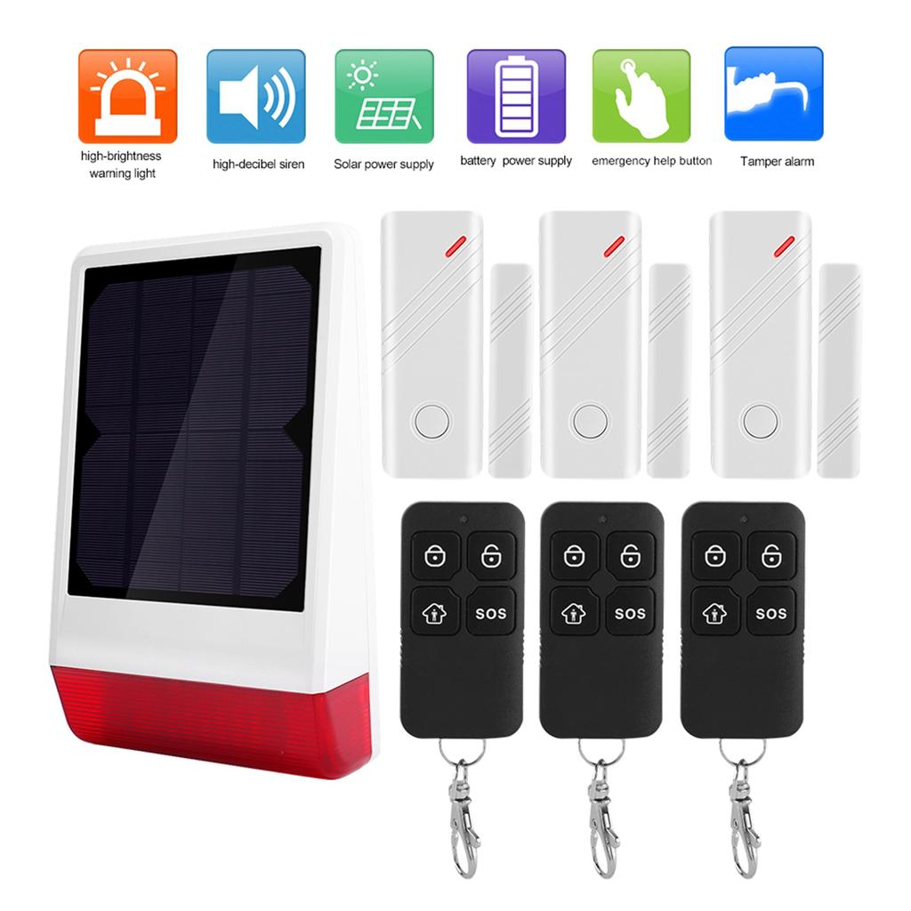 433MHZ Wireless Solar Siren Burglar Security Alarm System 3 Door Magnet 3 Remote Control