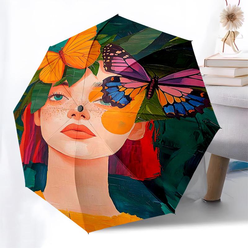 

1pc Automatic Folding Umbrella with Butterfly & Flower Print, Portable 3-Fold Design, 8-Bone Iron Frame, Outdoor, Perfect Gift for Fans, Travelers, Da