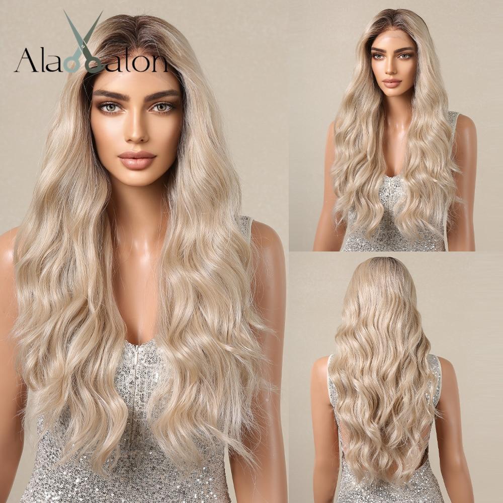 ALAN EATON 13*4 Lace Front Brown Synthetic Wigs Ombre Wave Lace Wig Natural Looking Wig with Baby Hair for Daily Women Fake Hair