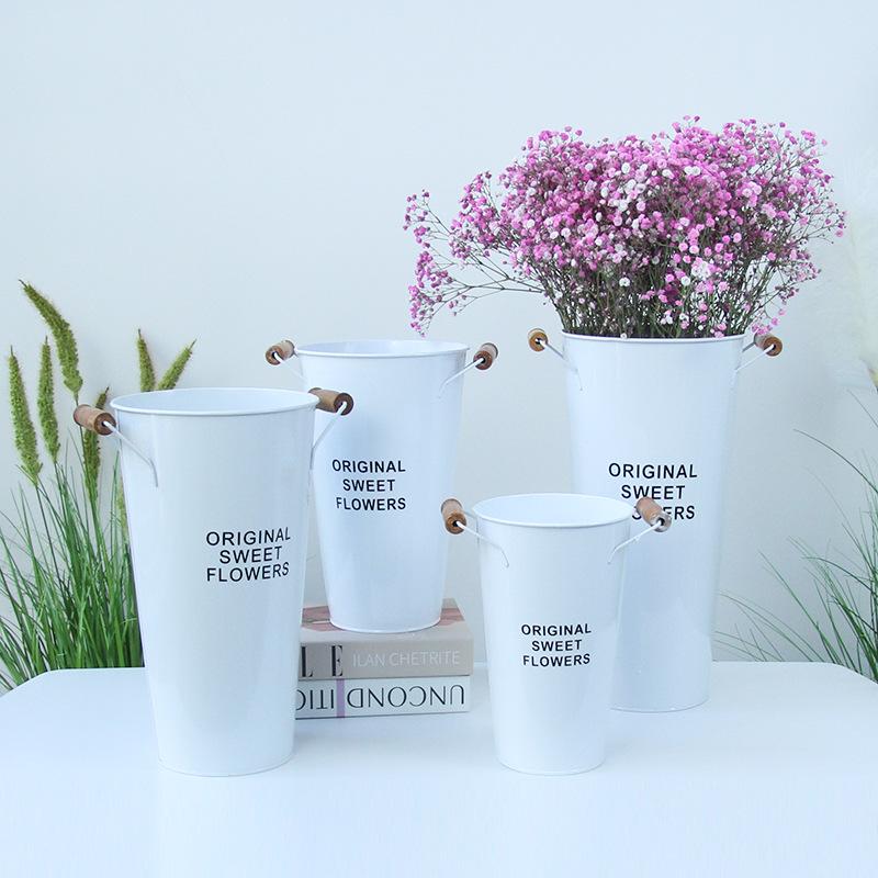 White Metal Flower Bucket for Arranging and Decorating - Large Vase for Fresh and Dried Flowers