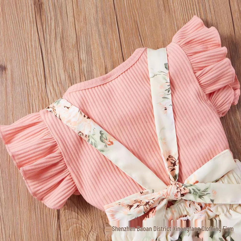 Prinsess-stil Baby Sommaroverall Set: Triangelbody, Tröja att dra över huvudet, Puffbyxor, Kjola