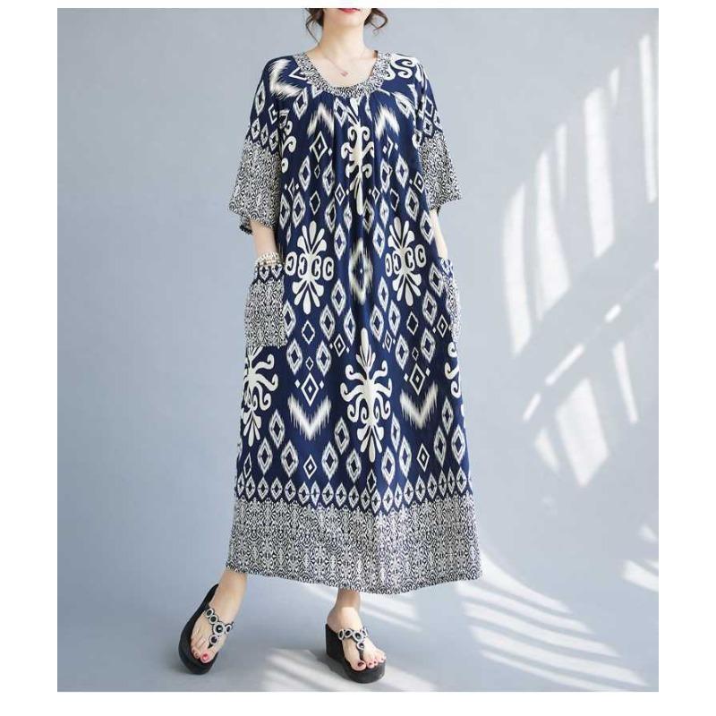 Summer New Temperament V-neck Mid-length Dress Retro Printing Loose Dresses