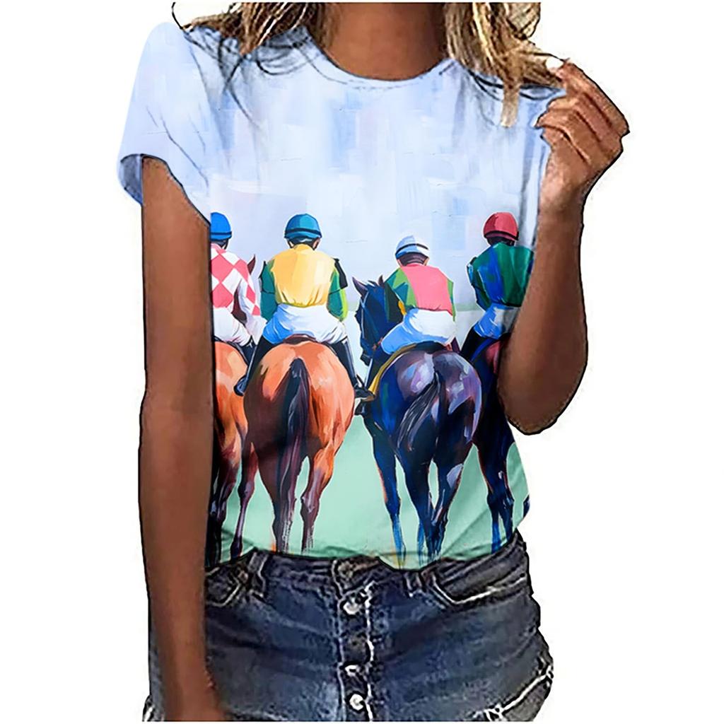 Grafické tričko s krátkým rukávem s kulatým výstřihem a 3D potiskem koňských dostihů Harajuku pulovr oblečení dámská trička