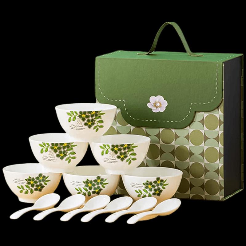 Jin Ming Li Verdant Ceramic Bowl & Spoon Set