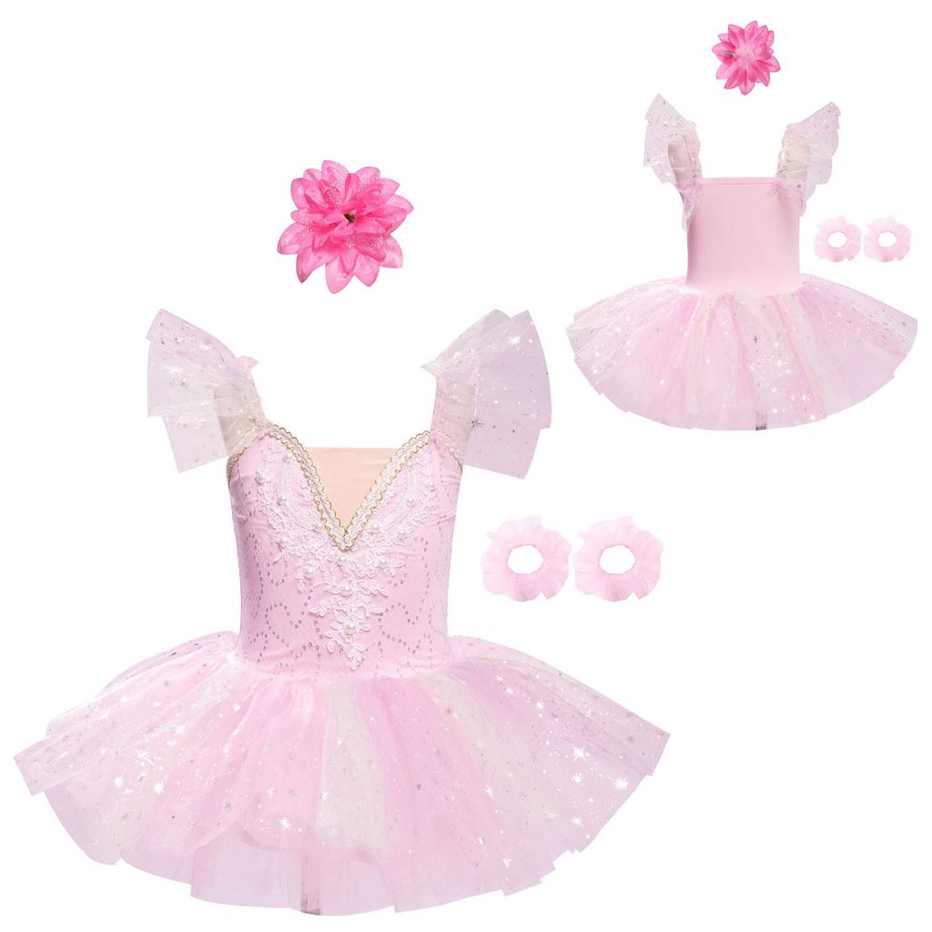 Vestido de Princesa para Ballet de Menina Sem Mangas com Ombro de Babado Bordado Lantejoulas Pérolas Conjunto de Roupa Tutu