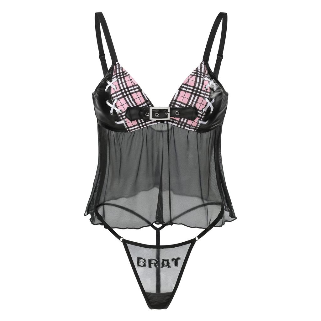 [LittleForBig] Women's 2-Piece Striped Lingerie Set (Romantic) - Lace Halter and T-Back, Size XL