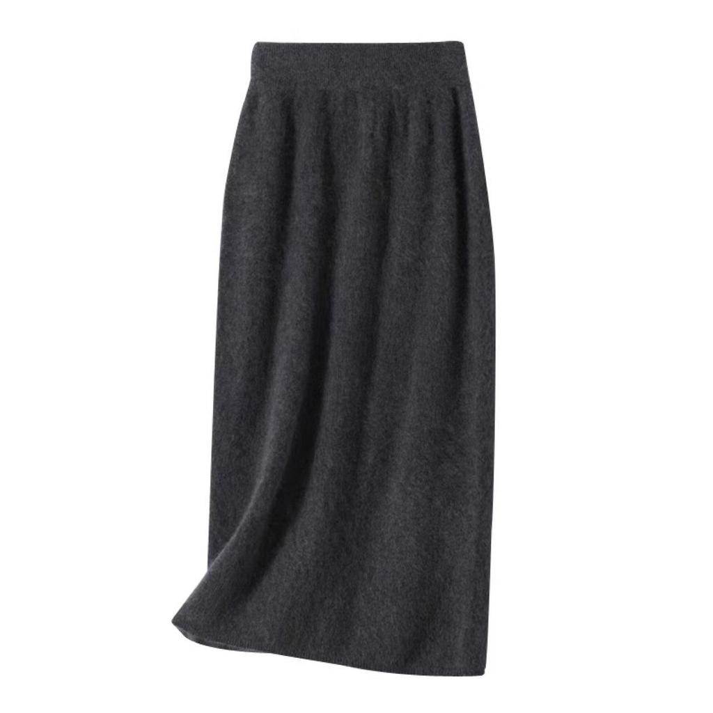 Women's Flocked Cashmere Wool Skirt: Slimming High Waist, Mid-Length, Versatile Knit, Autumn/Winter Fashion, Hip-Hugging Design.