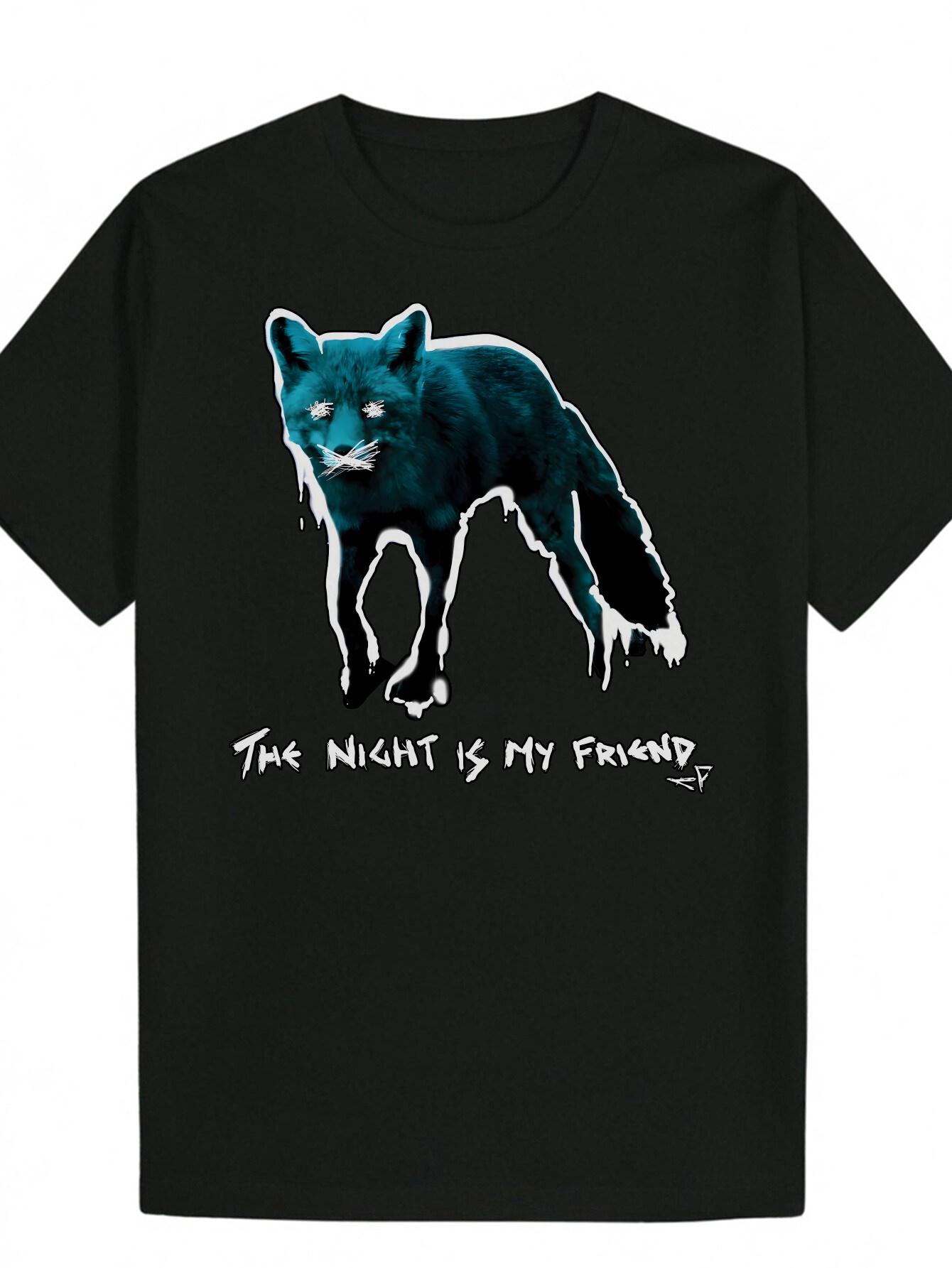 Black T-shirt with Blue Wolf Graphic -  The Night is My Friend  Design S