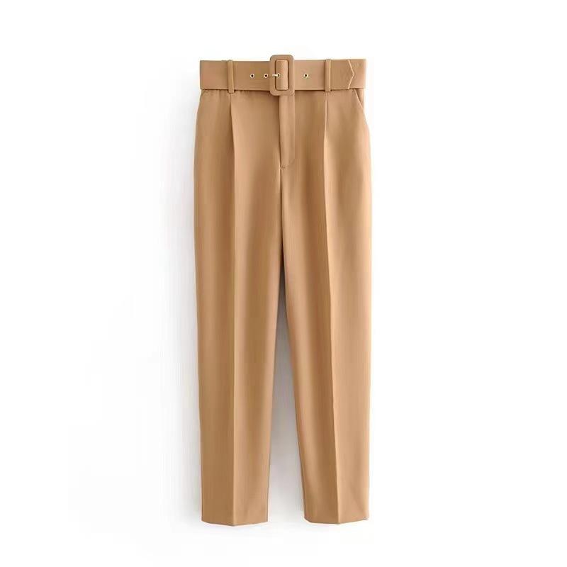 New Women's Casual Pants, Slim Fit Straight Leg Stretch Trousers with Belted Waist, Solid Color Office Wear Cropped Pants