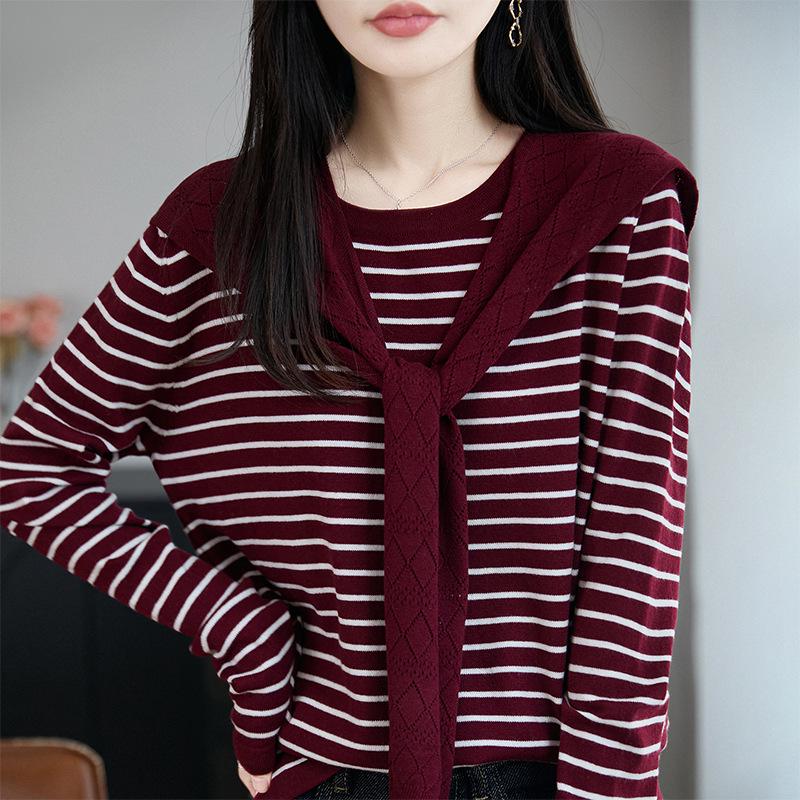 2025 Early Autumn Loose Striped Long Sleeve Wool Knitwear: Stylish Versatile Shawl