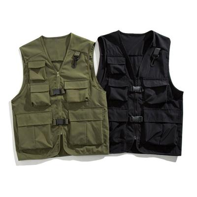 Men Casual Vest Coat V-neck Sleeveless Cargo Vest Solid Color Multi Pockets Zipper Buckle Placket Waistcoat Outerwear Men Clothes