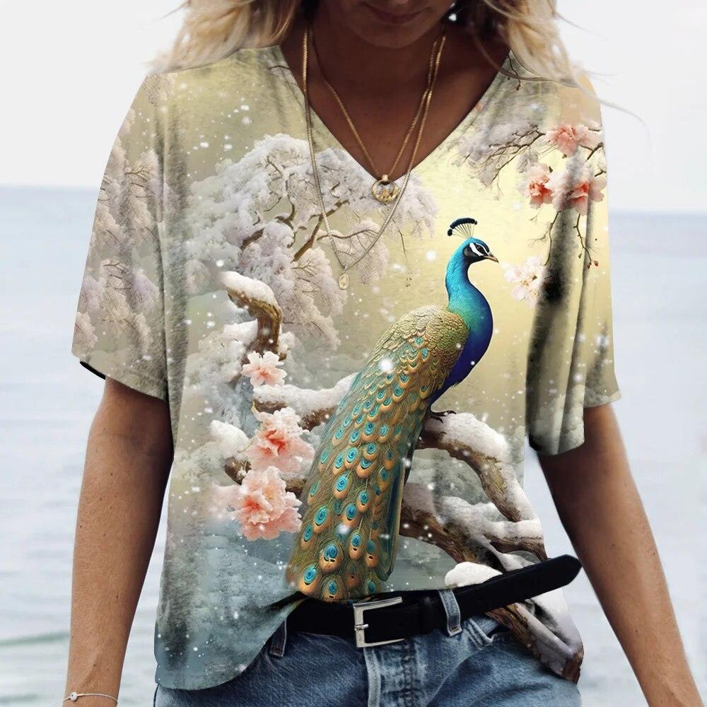 Women's V-Neck T-Shirt Peacock 3D Print Casual Fashion Summer Pullover Short Sleeve Harajuku Oversized Tops Tees For Ladies