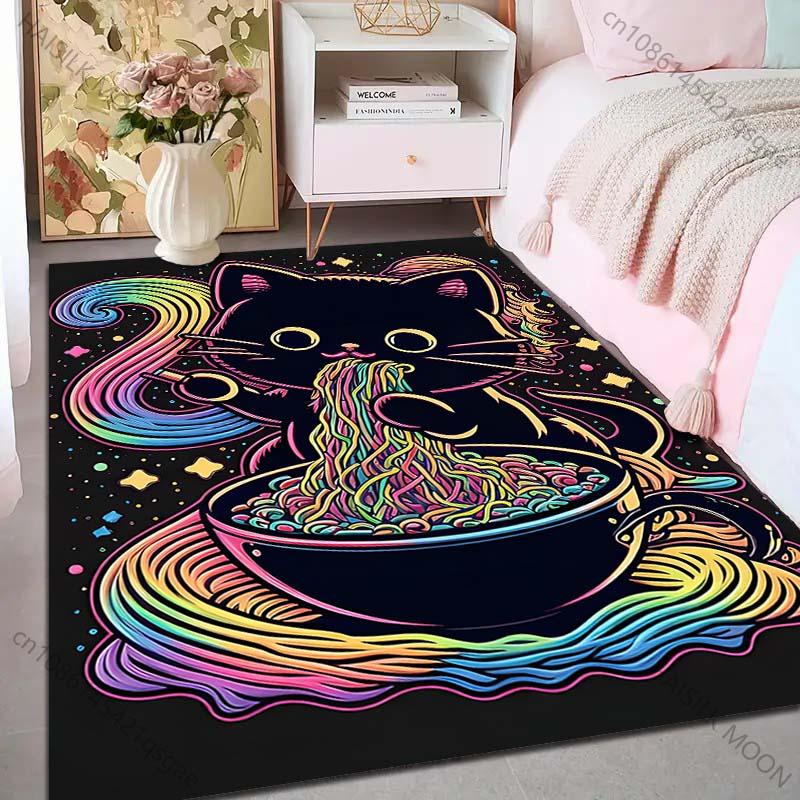 Cute black cat eating noodles Pattern Rug Carpets for Bedroom Living Room Sofa Mat Creative Door Mat Cloakroom Home Decor