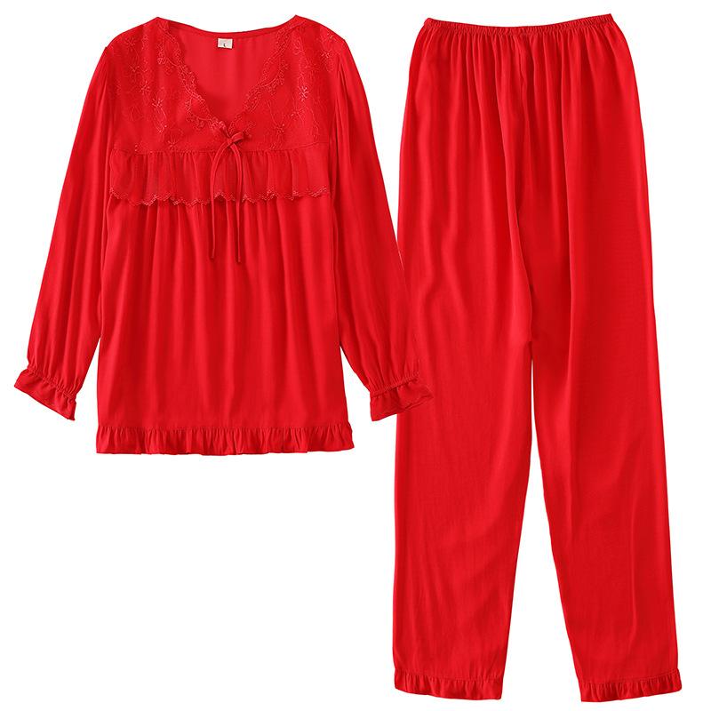 Tencel cotton pajamas women's comfortable lace loungewear nine-quarter sleeve trousers women's pullover set spring and summer new models