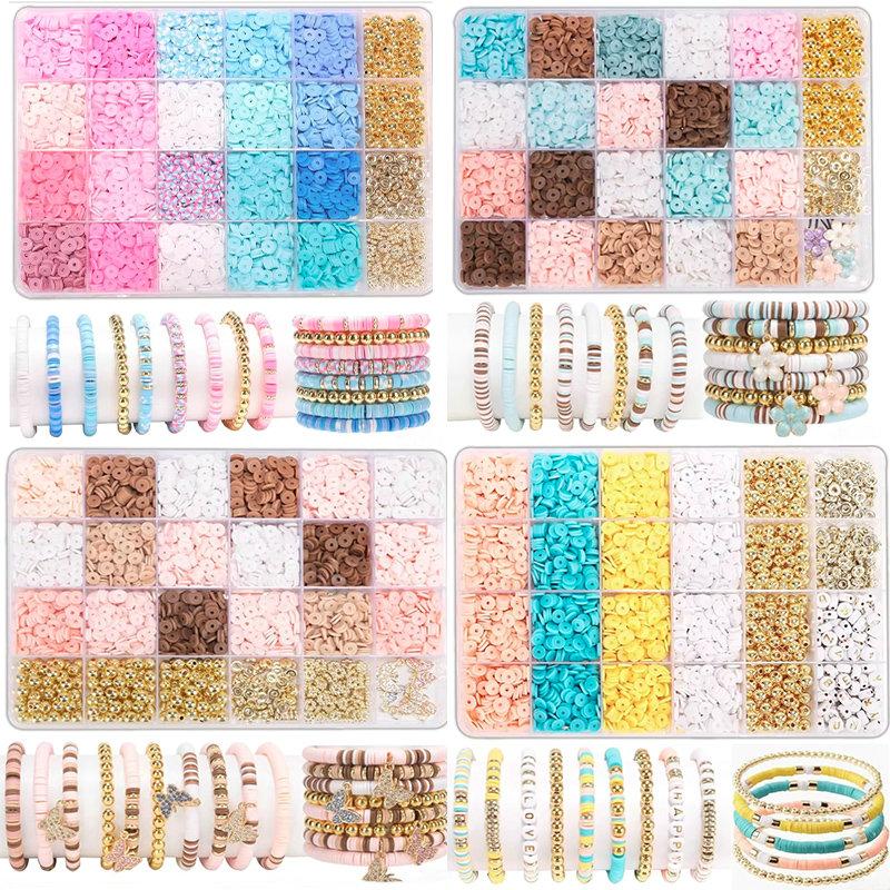 24 Colors Clay Beads Bracelet Making Kit Flat Preppy Beads Polymer Clay Beads Kit for Friendship Bracelets Making Craft DIY