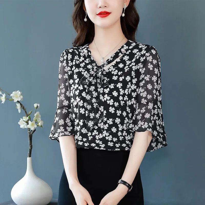 

WTEMPO Летняя элегантная блузка из шифона с принтом и V-образным вырезом, рукав 3/4, женская модная блузка с оборками, свободные рубашки, женская одежда 4XL чёрный