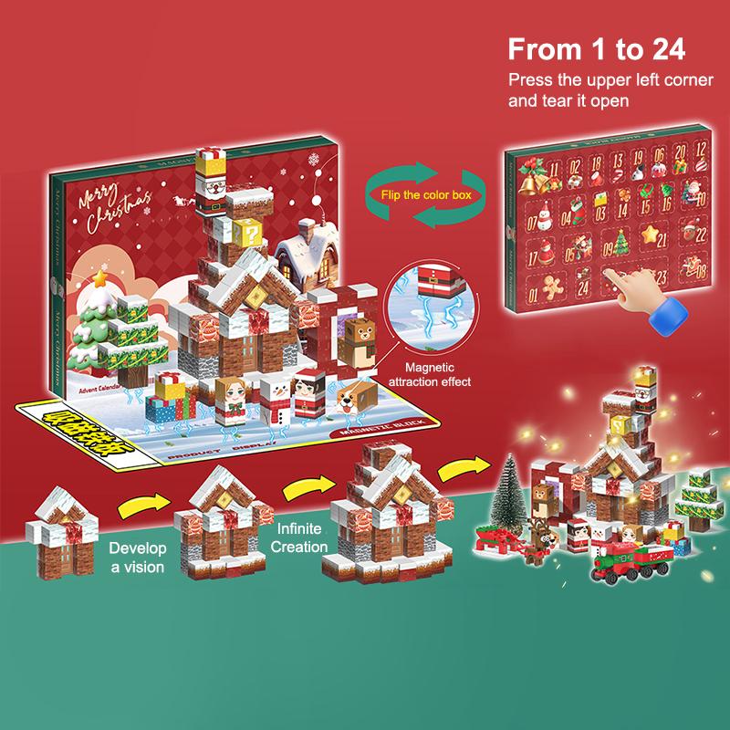 1 Stück 2025 Weihnachtskalender zum Selbermachen, Wiederverwendbares Magnetisches Baustein-Set, 24 Tage Feiertags-Countdown-Kalender