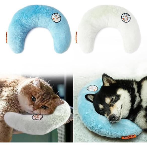 Dog Pillow, Dog Calming Pillow for Small Dog and Cats, U-Shaped Half Donut Dog Neck Pillow, Deep Sleep Fluffy & Cozy Pet Calming Toy, Joint Relief Blue&White
