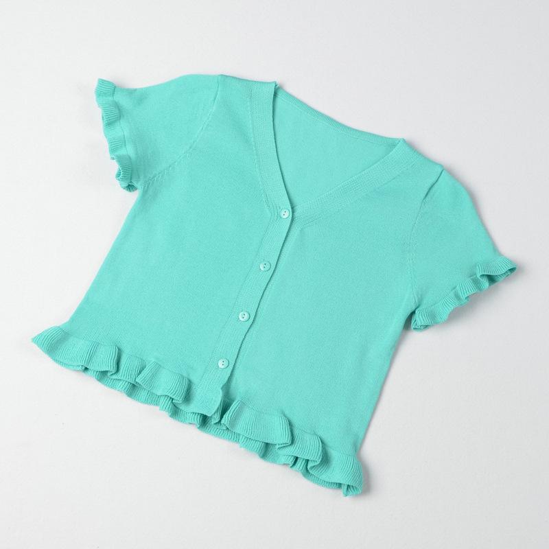 

Летний кружевной короткий трикотажный свитер с V-образным вырезом, женская облегающая куртка с короткими рукавами, топы, повседневные, базовые, комфортные, стильные, облегающие, пуловеры, футболки One Size зелёный