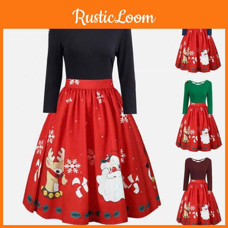 Elegant Womens Fashion Long Sleeve Plus Size Christmas Print Criss Cross Party Dress